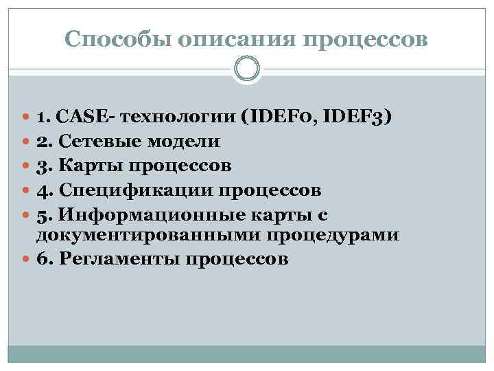 Способы описания процессов 1. CASE- технологии (IDEF 0, IDEF 3) 2. Сетевые модели 3.