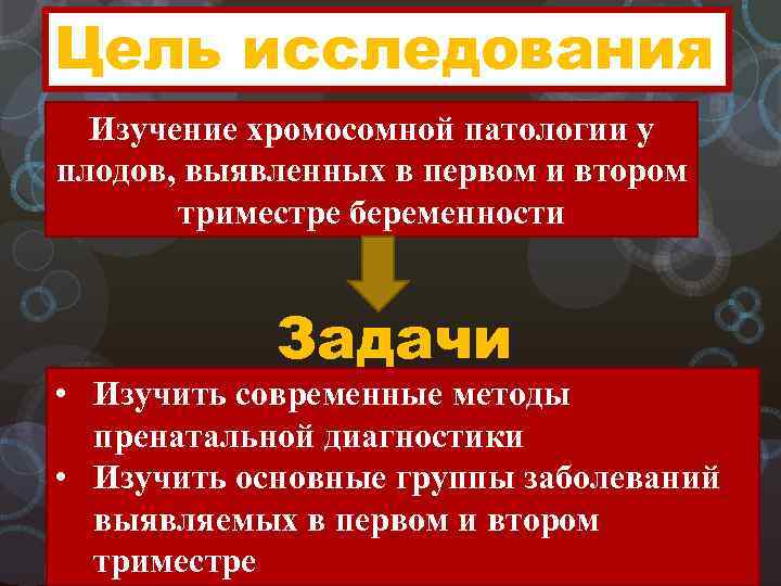 Цель исследования Изучение хромосомной патологии у плодов, выявленных в первом и втором триместре беременности