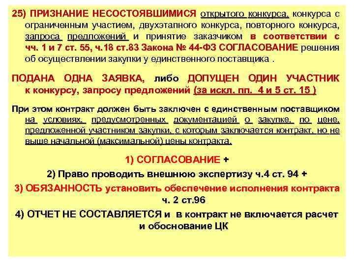 25) ПРИЗНАНИЕ НЕСОСТОЯВШИМИСЯ открытого конкурса, конкурса с ограниченным участием, двухэтапного конкурса, повторного конкурса, запроса