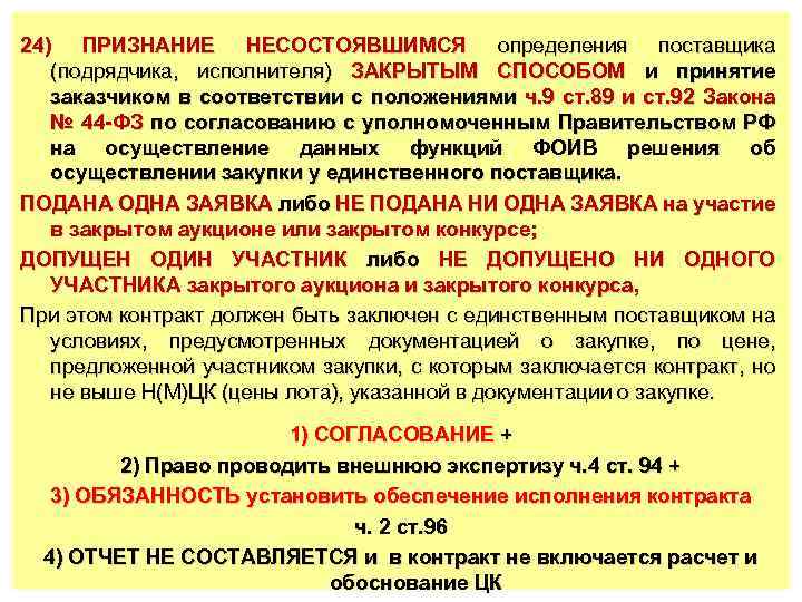 24) ПРИЗНАНИЕ НЕСОСТОЯВШИМСЯ определения поставщика (подрядчика, исполнителя) ЗАКРЫТЫМ СПОСОБОМ и принятие заказчиком в соответствии