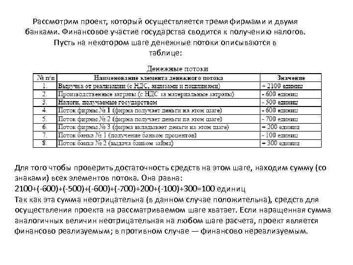 Рассмотрим проект, который осуществляется тремя фирмами и двумя банками. Финансовое участие государства сводится к