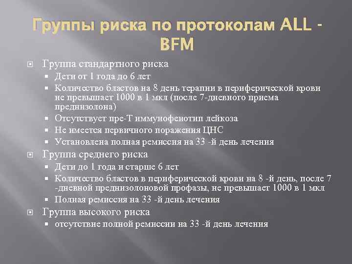 Группы риска по протоколам ALL BFM Группа стандартного риска Дети от 1 года до
