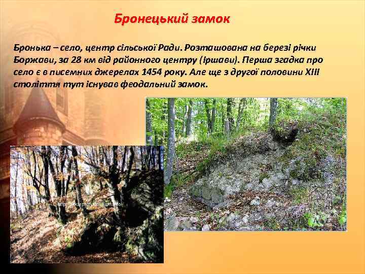 Бронецький замок Бронька – село, центр сільської Ради. Розташована на березі річки Боржави, за