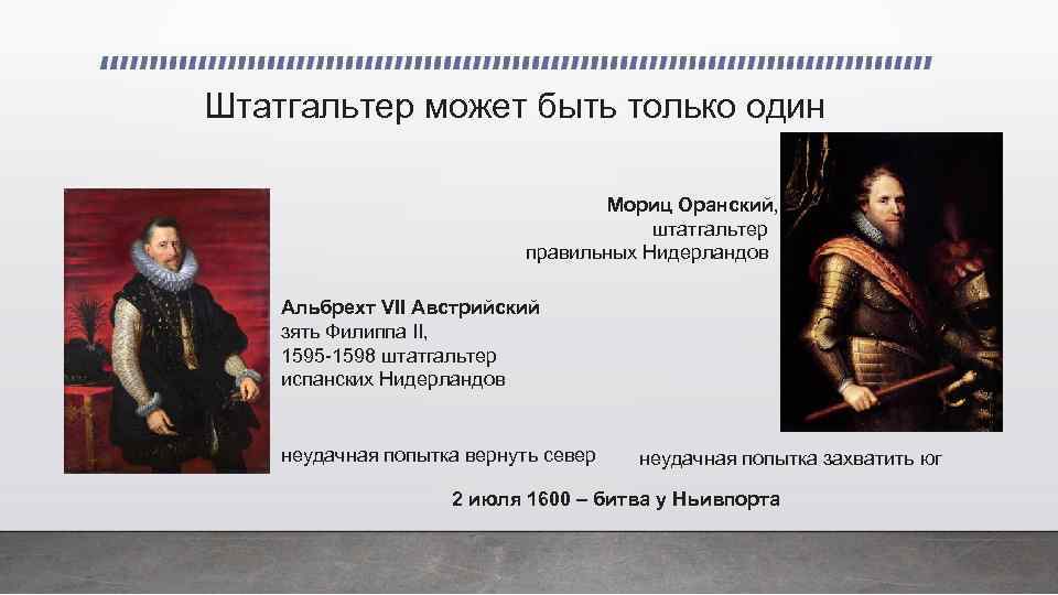 Штатгальтер может быть только один Мориц Оранский, штатгальтер правильных Нидерландов Альбрехт VII Австрийский зять