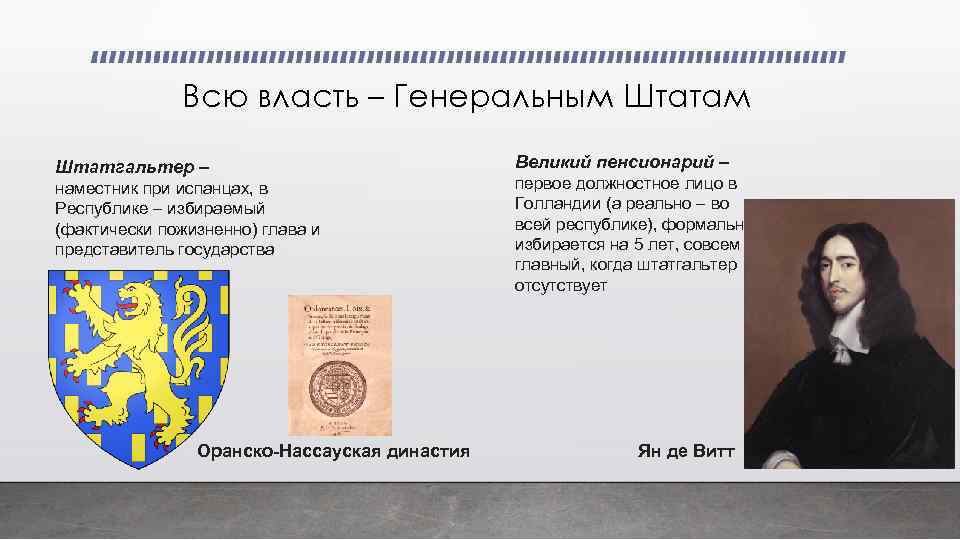 Всю власть – Генеральным Штатам Штатгальтер – наместник при испанцах, в Республике – избираемый