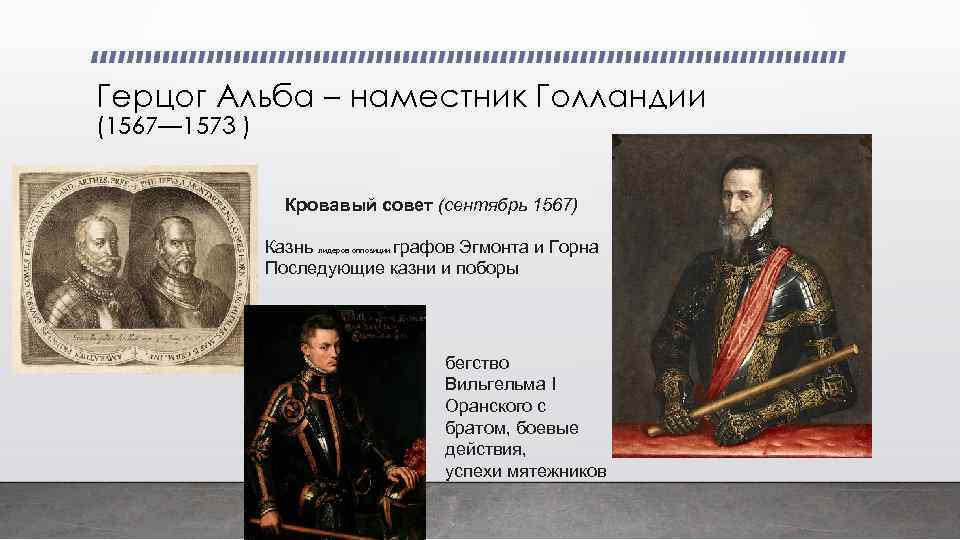 Герцог Альба – наместник Голландии (1567— 1573 ) Кровавый совет (сентябрь 1567) Казнь лидеров