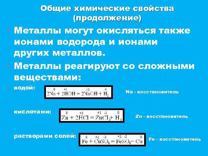 Общие химические свойства (продолжение) • Металлы могут окисляться также ионами водорода и ионами других