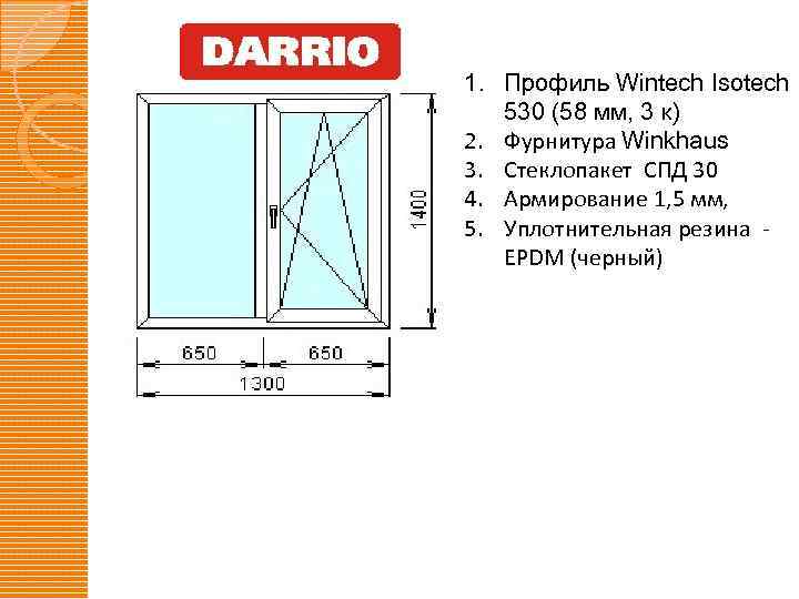 1. Профиль Wintech Isotech 530 (58 мм, 3 к) 2. Фурнитура Winkhaus 3. Стеклопакет