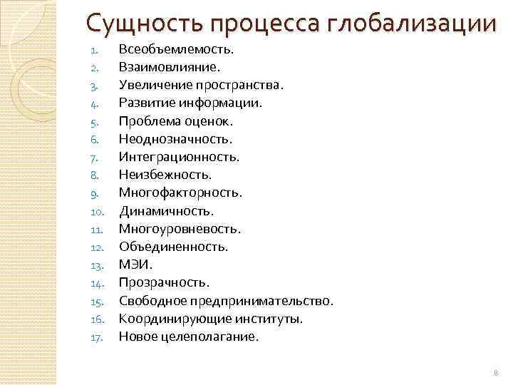 Сущность процесса глобализации 1. 2. 3. 4. 5. 6. 7. 8. 9. 10. 11.