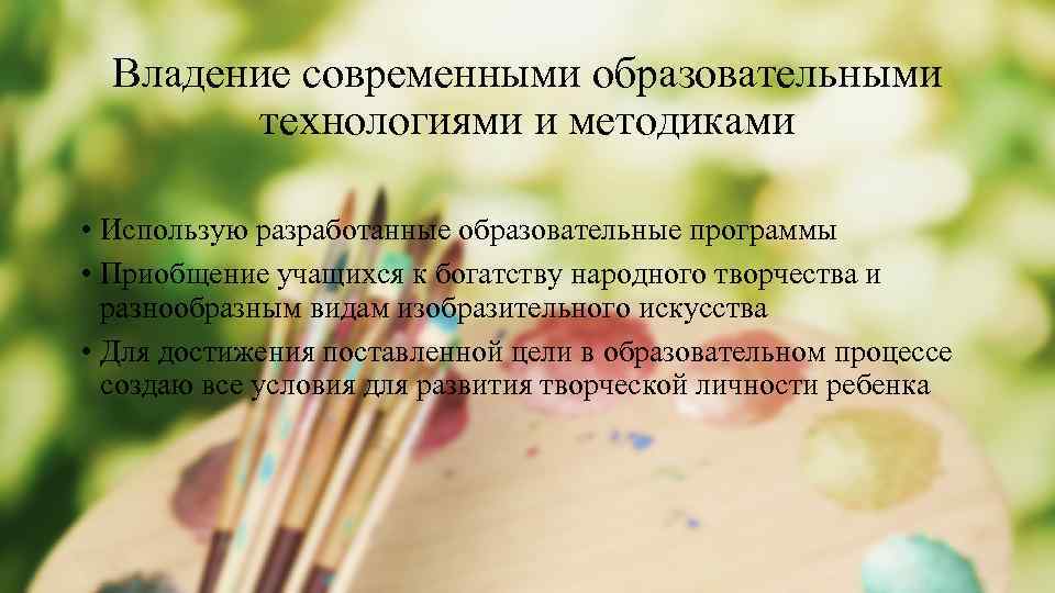 Владение современными образовательными технологиями и методиками • Использую разработанные образовательные программы • Приобщение учащихся