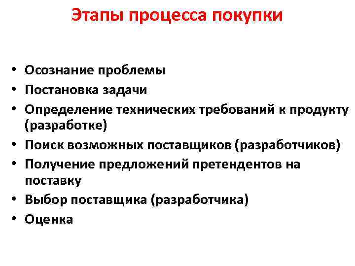 Этапы процесса покупки • Осознание проблемы • Постановка задачи • Определение технических требований к