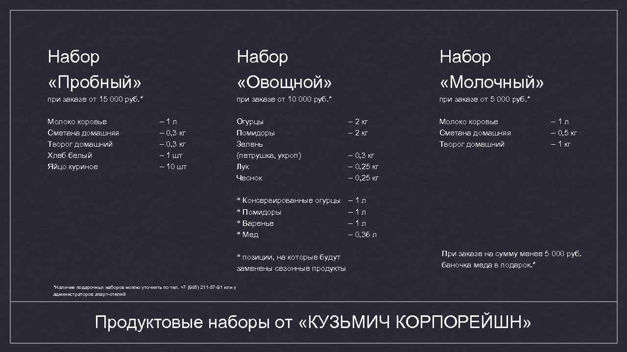 Набор «Пробный» Набор «Овощной» Набор «Молочный» при заказе от 15 000 руб. * Молоко