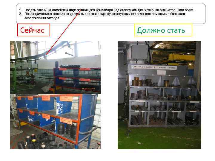 1. Подать заявку на демонтаж неработающего конвейера над стеллажом для хранения окончательного брака. 2.