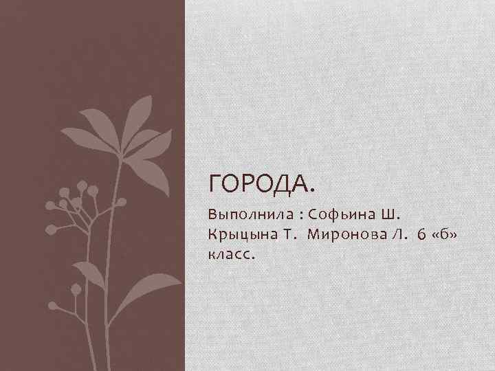 ГОРОДА. Выполнила : Софьина Ш. Крыцына Т. Миронова Л. 6 «б» класс. 