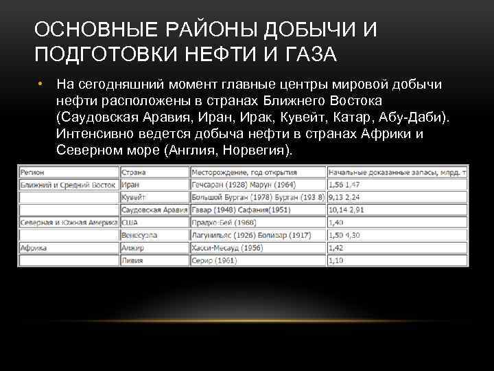 ОСНОВНЫЕ РАЙОНЫ ДОБЫЧИ И ПОДГОТОВКИ НЕФТИ И ГАЗА • На сегодняшний момент главные центры