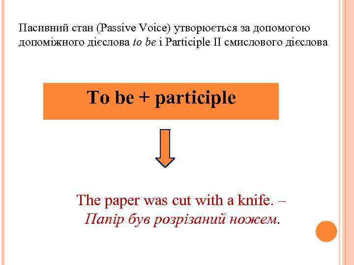 Пасивний стан (Passive Voice) утворюється за допомогою допоміжного дієслова to be i Participle II