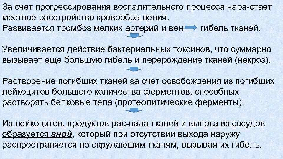 За счет прогрессирования воспалительного процесса нара стает местное расстройство кровообращения. Развивается тромбоз мелких артерий