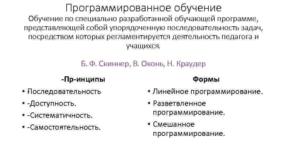 Программированное обучение. Теория программированного обучения б. ф. Скиннера. Программированное обучение цели и задачи. Методы и приемы программированного обучения.