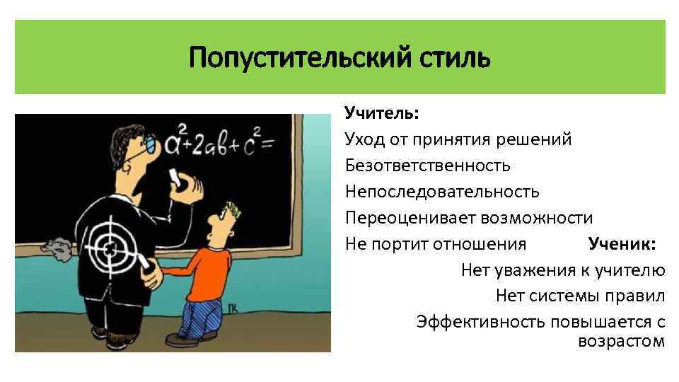 Попустительский стиль Учитель: Уход от принятия решений Безответственность Непоследовательность Переоценивает возможности Не портит отношения