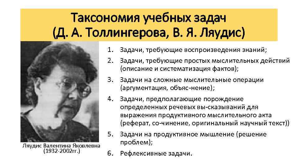 Таксономия учебных задач (Д. А. Толлингерова, В. Я. Ляудис) 1. Задачи, требующие воспроизведения знаний;