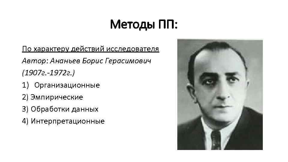 Методы ПП: По характеру действий исследователя Автор: Ананьев Борис Герасимович (1907 г. -1972 г.