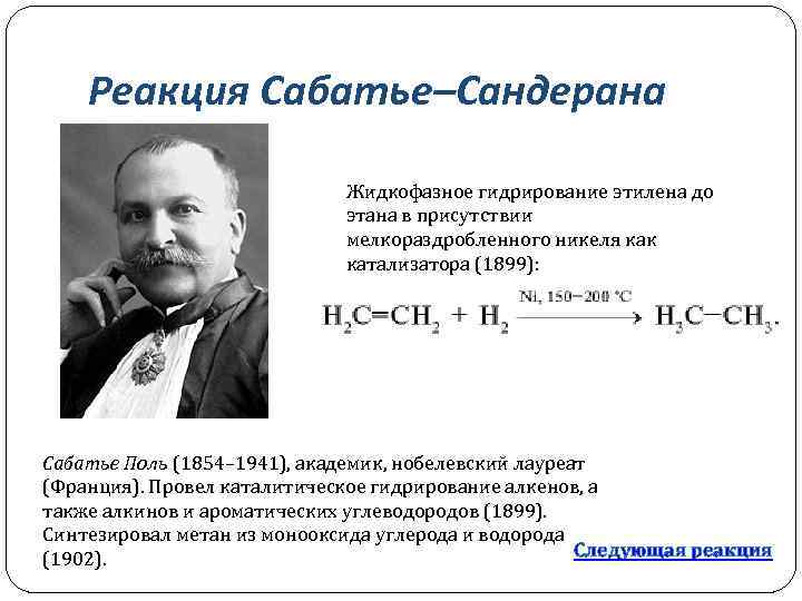 Реакция Сабатье–Сандерана Жидкофазное гидрирование этилена до этана в присутствии мелкораздробленного никеля как катализатора (1899):