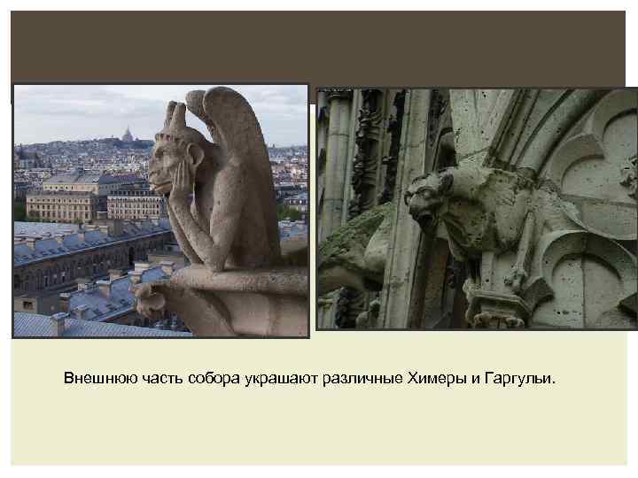 Внешнюю часть собора украшают различные Химеры и Гаргульи. 
