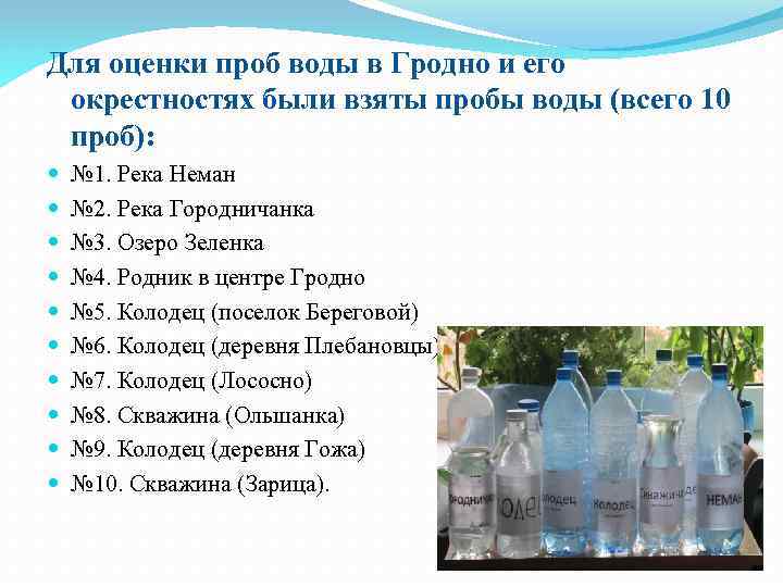 Для оценки проб воды в Гродно и его окрестностях были взяты пробы воды (всего
