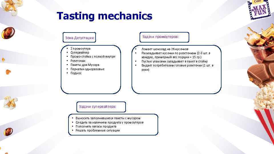 Tasting mechanics Задачи промоутеров: Зона Дегустации: • • 2 промоутера Супервайзер Промо-стойка с полкой