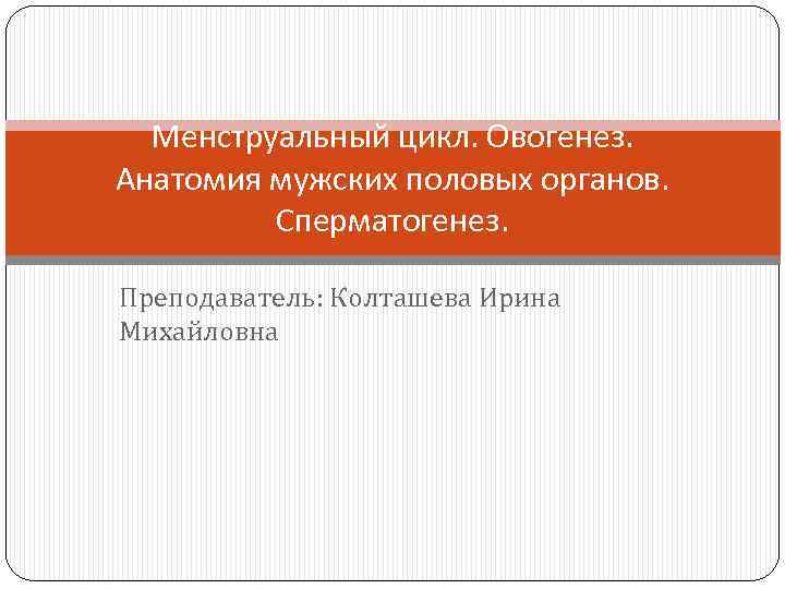 Менструальный цикл. Овогенез. Анатомия мужских половых органов. Сперматогенез. Преподаватель: Колташева Ирина Михайловна 