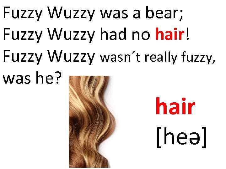 Fuzzy Wuzzy was a bear; Fuzzy Wuzzy had no hair! Fuzzy Wuzzy wasn´t really