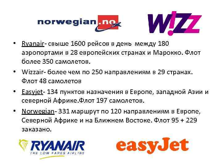  • Ryanair- свыше 1600 рейсов в день между 180 аэропортами в 28 европейских