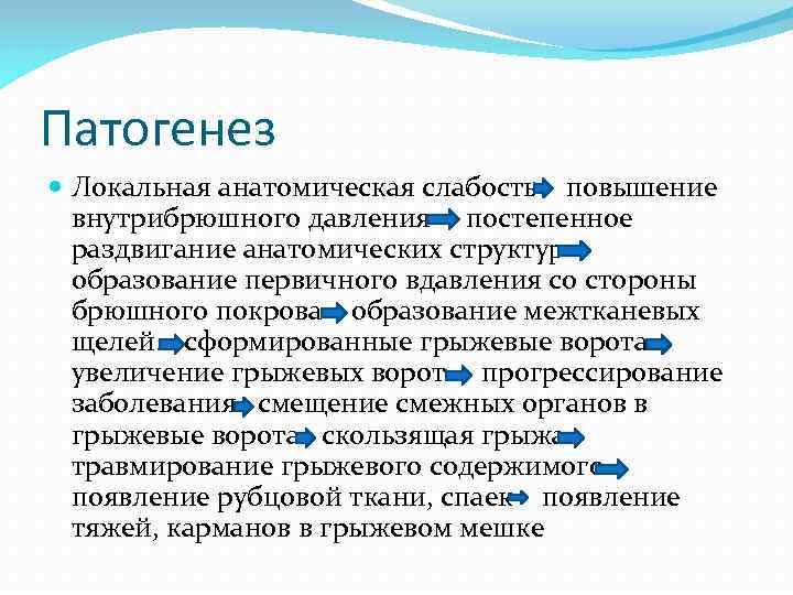 Патогенез Локальная анатомическая слабость повышение внутрибрюшного давления постепенное раздвигание анатомических структур образование первичного вдавления