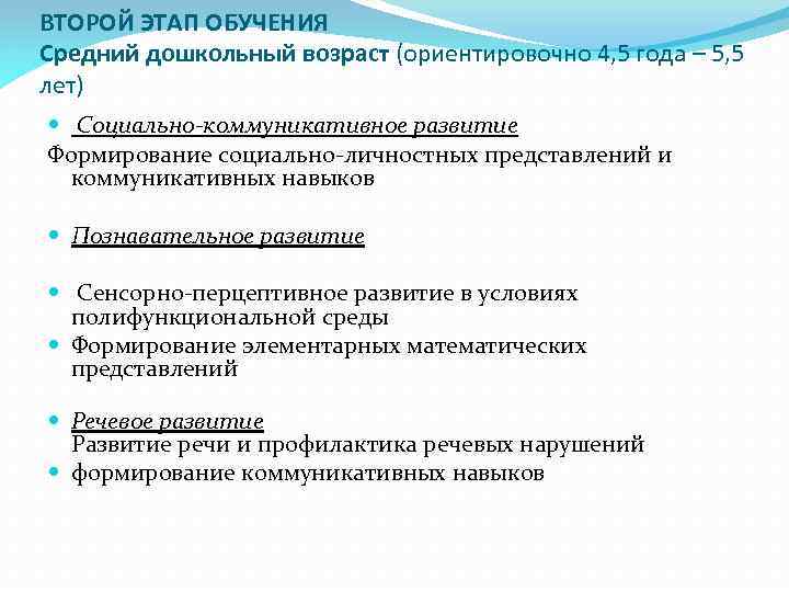 ВТОРОЙ ЭТАП ОБУЧЕНИЯ Средний дошкольный возраст (ориентировочно 4, 5 года – 5, 5 лет)