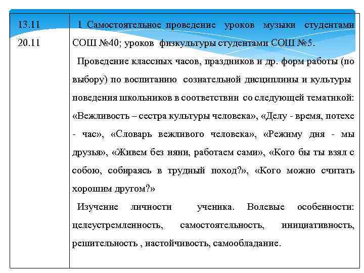 13. 11 20. 11 1 Самостоятельное проведение уроков музыки студентами СОШ № 40; уроков