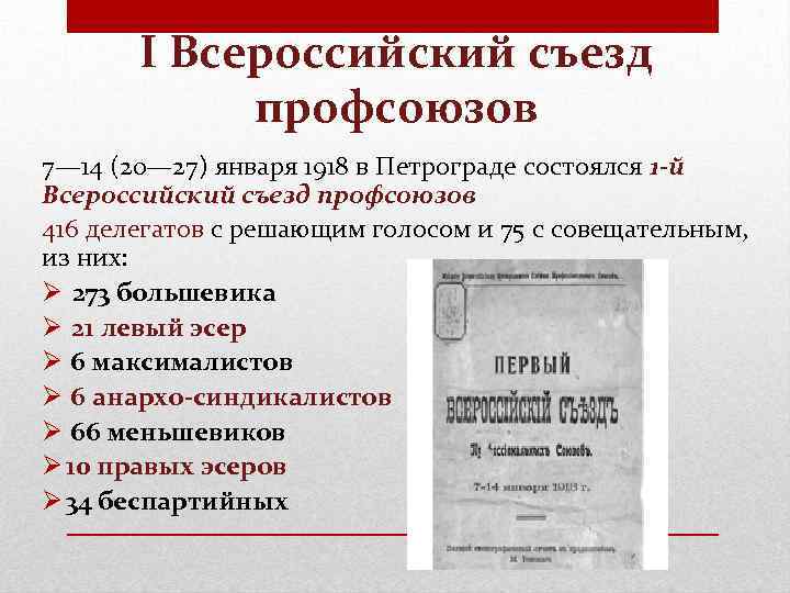 I Всероссийский съезд профсоюзов 7— 14 (20— 27) января 1918 в Петрограде состоялся 1