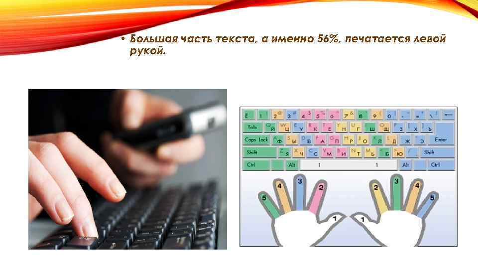  • Большая часть текста, а именно 56%, печатается левой рукой. 