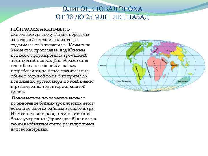 ОЛИГОЦЕНОВАЯ ЭПОХА ОТ 38 ДО 25 МЛН. ЛЕТ НАЗАД ГЕОГРАФИЯ и КЛИМАТ: В олигоценовую