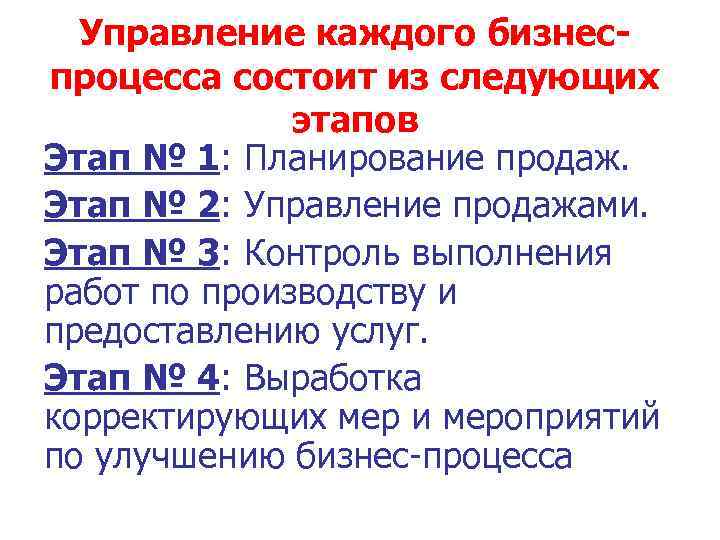 Управление каждого бизнеспроцесса состоит из следующих этапов Этап № 1: Планирование продаж. Этап №