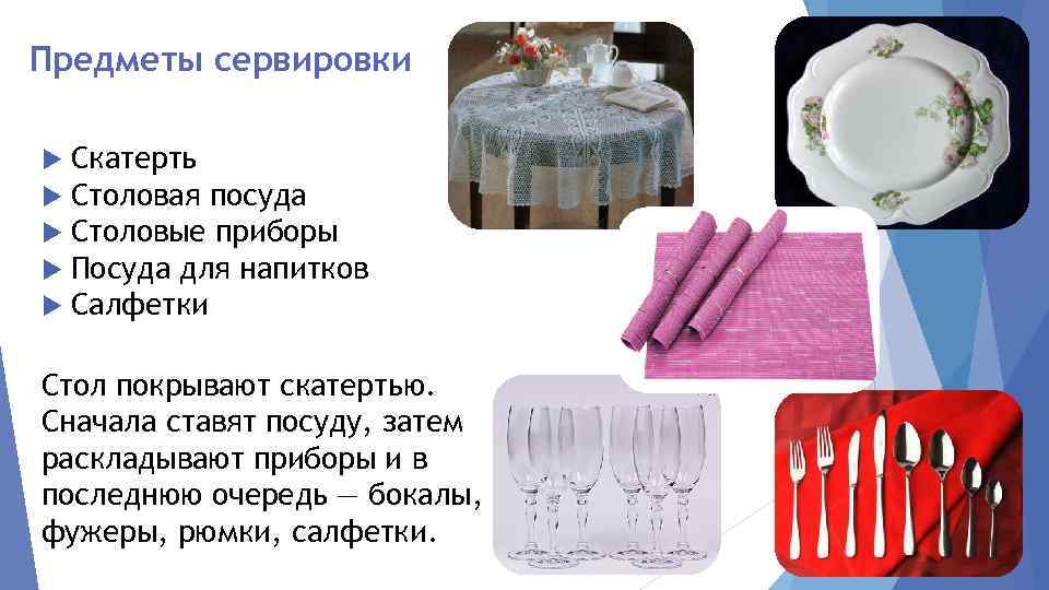 Предметы сервировки Скатерть Столовая посуда Столовые приборы Посуда для напитков Салфетки Стол покрывают скатертью.