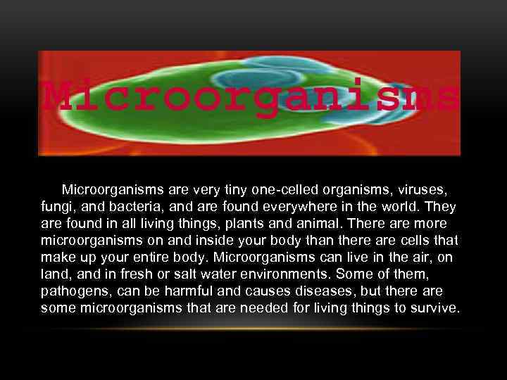 Microorganisms are very tiny one-celled organisms, viruses, fungi, and bacteria, and are found everywhere