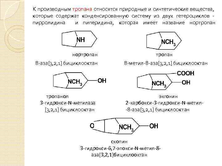 К производным тропана относятся природные и синтетические вещества, которые содержат конденсированную систему из двух