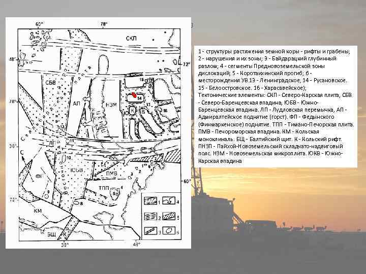 1 - структуры растяжения земной коры - рифты и грабены; 2 - нарушения и