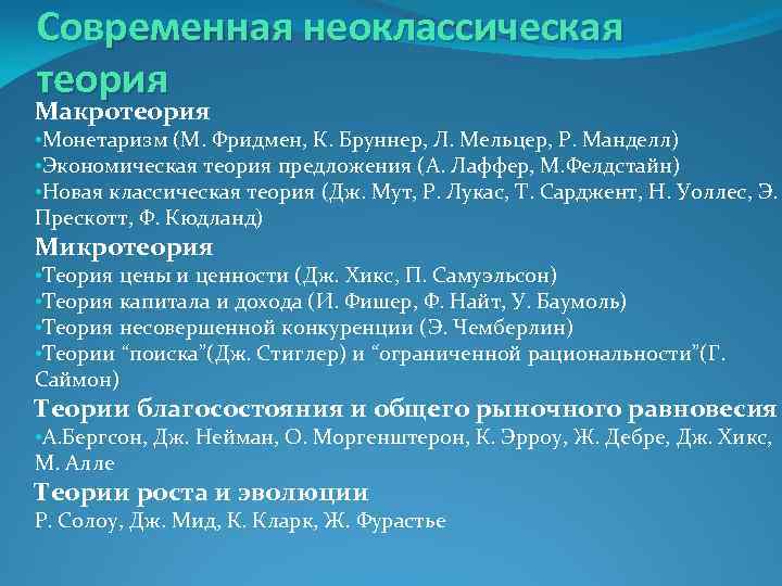 Современная неоклассическая теория Макротеория • Монетаризм (М. Фридмен, К. Бруннер, Л. Мельцер, Р. Манделл)