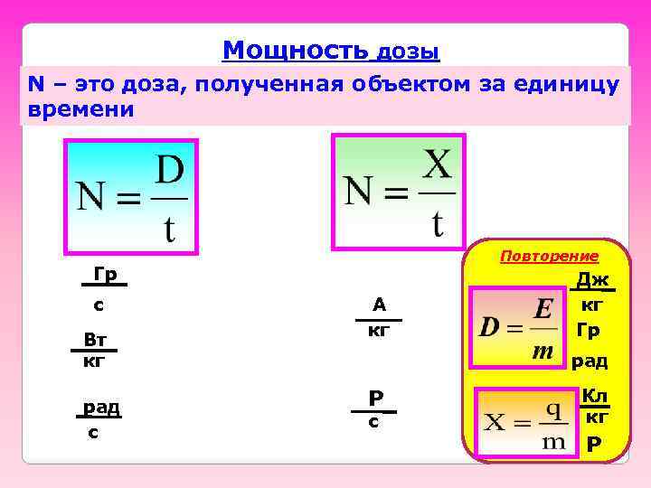 Мощность дозы N – это доза, полученная объектом за единицу времени Повторение Гр с