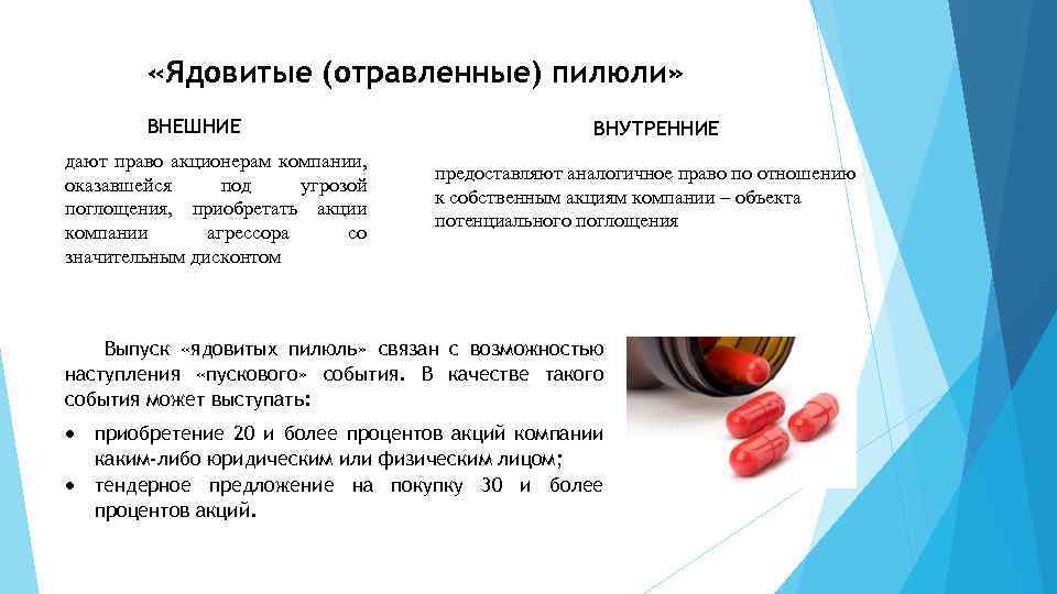  «Ядовитые (отравленные) пилюли» ВНЕШНИЕ дают право акционерам компании, оказавшейся под угрозой поглощения, приобретать