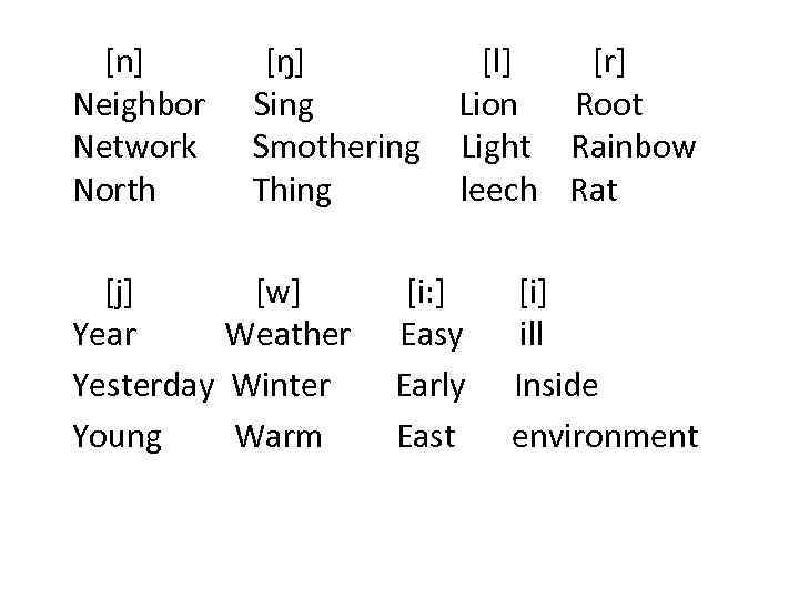  [n] [ŋ] [l] [r] Neighbor Sing Lion Root Network Smothering Light Rainbow North