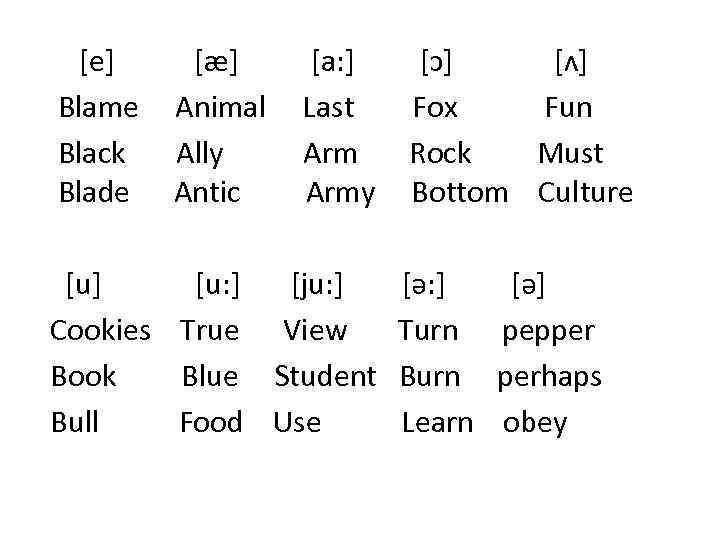  [e] [æ] [a: ] [ɔ] [ʌ] Blame Animal Last Fox Fun Black Ally