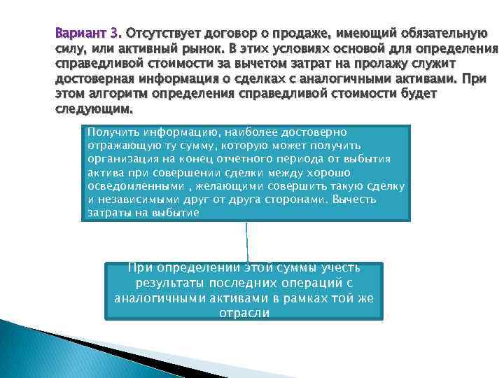 Вариант 3. Отсутствует договор о продаже, имеющий обязательную силу, или активный рынок. В этих