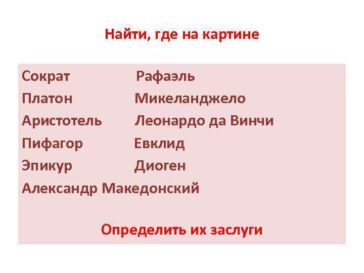 Найти, где на картине Сократ Рафаэль Платон Микеланджело Аристотель Леонардо да Винчи Пифагор Евклид